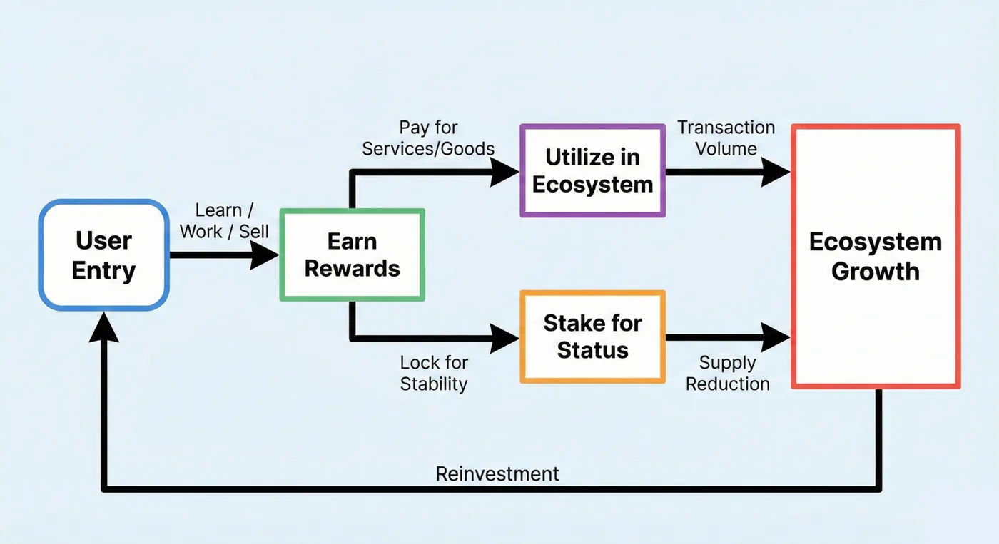 Circular utility model: a user enters by learning, working or selling, earns rewards, pays for services and goods or stakes for status, which feeds transaction volume, supply reduction and ecosystem growth, then reinvests.